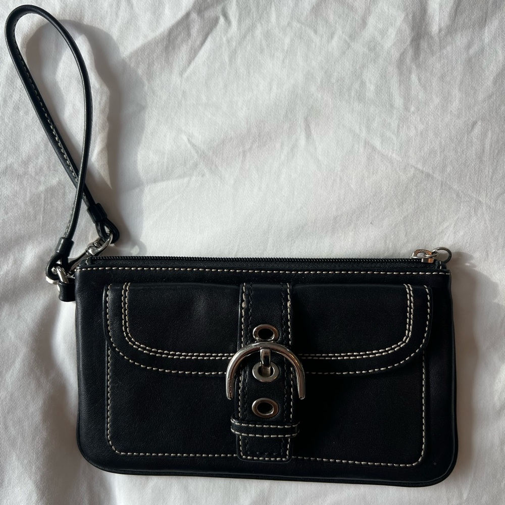 Coach Black Leather Wristlet with Stitch Detail